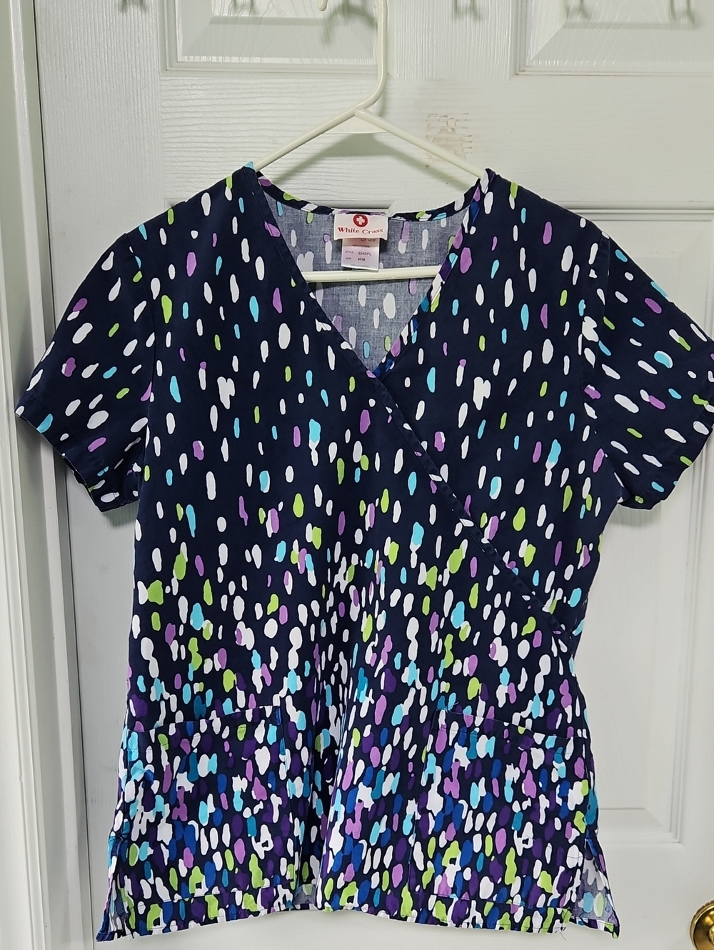 White Cross Navy Multi-Dot Wrap Scrub Top
